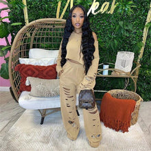 Load image into Gallery viewer, Fall Winter Hole 2 Piece Set Lounge Wear Hollow Out Crop Top + Wide Leg Pants Slim Streetwear Outfits Matching Set Fitness - Shop &amp; Buy
