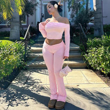 Load image into Gallery viewer, Fall Winter Pink Two Piece Set for Women Sexy Off the Shoulder Slash Neck Crop Top + Flare Pants Slim Streetwear Outfits Workout - Shop &amp; Buy
