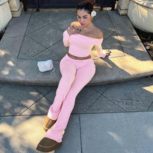 Load image into Gallery viewer, Fall Winter Pink Two Piece Set for Women Sexy Off the Shoulder Slash Neck Crop Top + Flare Pants Slim Streetwear Outfits Workout - Shop &amp; Buy
