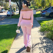 Load image into Gallery viewer, Fall Winter Pink Two Piece Set for Women Sexy Off the Shoulder Slash Neck Crop Top + Flare Pants Slim Streetwear Outfits Workout - Shop &amp; Buy
