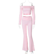 Load image into Gallery viewer, Fall Winter Pink Two Piece Set for Women Sexy Off the Shoulder Slash Neck Crop Top + Flare Pants Slim Streetwear Outfits Workout - Shop &amp; Buy
