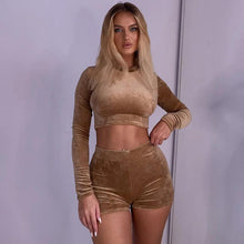 Load image into Gallery viewer, Fall Winter Velvet Midriff-baring Short Sport Two Piece Set for Women Lounge Wear Crop Top + Shorts Skinny Fitness Outfits - Shop &amp; Buy
