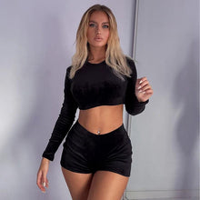 Load image into Gallery viewer, Fall Winter Velvet Midriff-baring Short Sport Two Piece Set for Women Lounge Wear Crop Top + Shorts Skinny Fitness Outfits - Shop &amp; Buy
