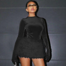 Load image into Gallery viewer, Fall Winter Velvet Two Piece Set Women Sexy Long Sleeve Bodysuit + Plush Mini Skirt Skinny Clubwear Party Outfits with gloves - Shop &amp; Buy

