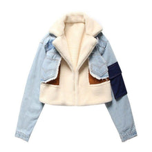 Load image into Gallery viewer, Fashion Denim Patchwork Lamb Fur Lining Jackets Women Coat Casual Long Sleeve Thick Warm Motorcycle Jacket - Shop &amp; Buy

