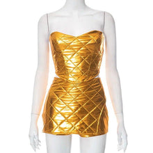 Load image into Gallery viewer, Fashion Gold Stamping Two Piece Set Sexy Strapless Crop Top + Mini Skirts Skinny Night Club Party Outfits Matching Sets - Shop &amp; Buy
