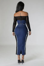 Load image into Gallery viewer, Fashion Sheer Mesh Patchwork Denim Two Piece Set for Women Sexy Slash Neck Top + Long Skirts Skinny Club Party Outfits Lady y2k - Shop &amp; Buy
