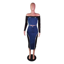 Load image into Gallery viewer, Fashion Sheer Mesh Patchwork Denim Two Piece Set for Women Sexy Slash Neck Top + Long Skirts Skinny Club Party Outfits Lady y2k - Shop &amp; Buy
