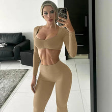 Load image into Gallery viewer, Fashion Sporty Two Piece Set for Women Sexy Ruched Long Sleeve Crop Top + Push Up Flare Pants Skinny Fitness Workout Outfits - Shop &amp; Buy
