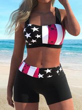 Load image into Gallery viewer, Fashionable American Flag Print Bikini Set - Criss Cross Top with Ring Knot Back &amp; Shorts Swimsuit - Shop &amp; Buy
