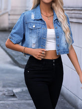 Load image into Gallery viewer, Fashionable Blue Distressed Denim Jacket - Stylish Ripped Holes, Lapel Collar, Short Sleeves, Single Breasted Button Closure - Cropped Women Wardrobe Staple - Shop &amp; Buy
