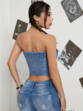 Load image into Gallery viewer, Fashionable Denim Tube Top with Faux Flap Detail - Chic Button-Up Front, Distressed Washed Style for Seductive Streetwear Look - Womens Casual Clothing - Shop &amp; Buy
