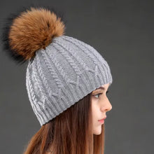 Load image into Gallery viewer, Women Double Deck Knitted Wool Hat Winter Natural Raccoon Fur Warm Caps Female Pom Pom Hats Ladies Fashion
