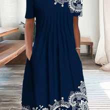 Load image into Gallery viewer, Flattering Mandala Print Tucked Dress - Flowy Short Sleeves &amp; Chic Crew Neck - Perfect for Spring &amp; Summer - Shop &amp; Buy
