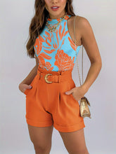 Load image into Gallery viewer, Flirty Floral Charm - Womens Casual Two-piece Shorts Set with Belt, Tank Top &amp; Shorts Outfits - Shop &amp; Buy
