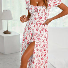 Load image into Gallery viewer, Flirty Floral Print Ruched Dress with Puff Sleeves - Chic Square Neckline &amp; Split Hem - Perfect Casual Style for Spring &amp; Summer - Shop &amp; Buy
