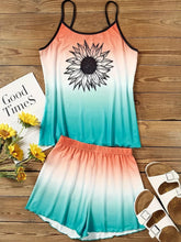 Load image into Gallery viewer, Flirty Ombre Sunflower Pajama Set - Frilled Cami Top &amp; Shorts - Backless, Comfortable, Summer Nightwear - Shop &amp; Buy
