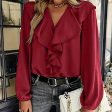 Load image into Gallery viewer, Flirty Ruffle Trim Solid Blouse - Chic V-Neck Lantern Sleeve Top for Women - Everyday Sophistication - Shop &amp; Buy
