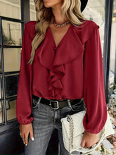 Load image into Gallery viewer, Flirty Ruffle Trim Solid Blouse - Chic V-Neck Lantern Sleeve Top for Women - Everyday Sophistication - Shop &amp; Buy
