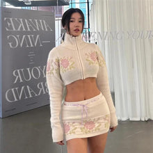 Load image into Gallery viewer, Floral Embroidery Knitted Two Piece Set Women Sexy Zipper Turn-down Collar Crop Top + Drawstring Mini Skirts Night Club Outfits - Shop &amp; Buy
