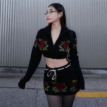 Load image into Gallery viewer, Floral Embroidery Knitted Two Piece Set Women Sexy Zipper Turn-down Collar Crop Top + Drawstring Mini Skirts Night Club Outfits - Shop &amp; Buy
