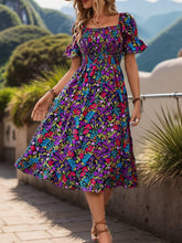 Load image into Gallery viewer, Floral Print Shirred Dress, Vacation Style Puff Sleeve Square Neck Dress For Spring &amp; Summer - Shop &amp; Buy
