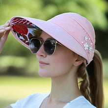 Load image into Gallery viewer, Foldable Sun Hat with UV Protection - Trendy Beaded Flower Decor Visor for Women - Polyester Knit Inelastic Sun Hat - Shop &amp; Buy
