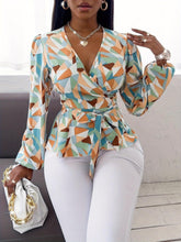 Load image into Gallery viewer, Geo Print Belted Blouse - Flattering V-Neck, Fashionable Belt Detail - Chic Long Sleeve Spring Wear for Women - Shop &amp; Buy
