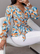 Load image into Gallery viewer, Geo Print Belted Blouse - Flattering V-Neck, Fashionable Belt Detail - Chic Long Sleeve Spring Wear for Women - Shop &amp; Buy
