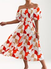 Load image into Gallery viewer, Geo Print Shirred Off Shoulder Dress, Elegant Ruffle Hem Aline Dress For Spring &amp; Summer, Women&#39;s Clothing - Shop &amp; Buy
