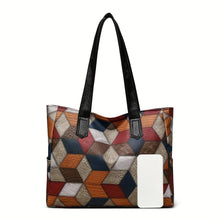 Load image into Gallery viewer, Geometric Patchwork Tote Bag For Women, Faux Leather Shoulder Bag, Stylish Shopper Handbag - Shop &amp; Buy
