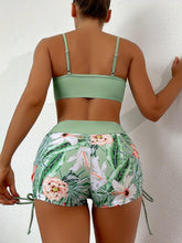 Load image into Gallery viewer, Green Tropical Floral Print Drawstring 2 Piece Set Bikini, Spaghetti Strap High Waist - Shop &amp; Buy
