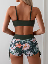Load image into Gallery viewer, Green Tropical Floral Print Drawstring 2 Piece Set Bikini, Spaghetti Strap High Waist - Shop &amp; Buy
