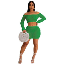 Load image into Gallery viewer, Hand Crochet Knitted 2pcs Bikini Cover Up Set Stapless Long Sleeve Hollow Out Crop Top And Lace Up See Through Holiday Skirts - Shop &amp; Buy