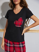 Load image into Gallery viewer, Heart Graphic V-Neck Top and Plaid Pants Lounge Set - Shop &amp; Buy
