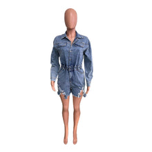 Load image into Gallery viewer, High Elastic Broken Hole Tassel Denim Playsuit Romper Sexy Button V Neck Long Sleeve Hand Frayed Shorts Jumpsuit One Pieces Y2K - Shop &amp; Buy
