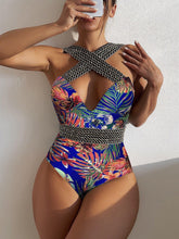 Load image into Gallery viewer, High Neck Cross Swimwear Women Crochet Leaves Print Patchwork High Waist Swimsuit Beach Bathing Suit Tummy Control Monokini - Shop &amp; Buy
