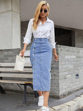 Load image into Gallery viewer, High-Waist Bohemian Denim Skirt with Button Details, Flattering - Shop &amp; Buy
