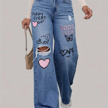 Load image into Gallery viewer, High Waist Heart Graffiti Jeans: Casual Wide-Leg Style, Ripped Denim for All Seasons - Shop &amp; Buy
