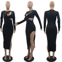 Load image into Gallery viewer, Hollow Out Cross Long Dress for Women Sexy High Slit Long Sleeve Bodycon Night Club Party Dresses - Shop &amp; Buy
