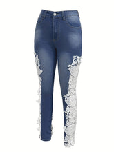 Load image into Gallery viewer, Hollow Out Lace Contrast Jeans, Elegant Fairy Core Skinny Fit Denim Pants, Womens Denim Jeans &amp; Clothing - Shop &amp; Buy
