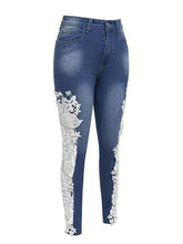 Load image into Gallery viewer, Hollow Out Lace Contrast Jeans, Elegant Fairy Core Skinny Fit Denim Pants, Womens Denim Jeans &amp; Clothing - Shop &amp; Buy
