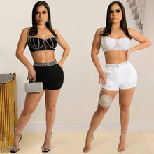 Load image into Gallery viewer, Hot Drilling Sheer Mesh Patchwork 2 Piece Set Women Summer Sexy Sling Crop Top + Shorts Shiny Club Party Outfits Matching Set - Shop &amp; Buy
