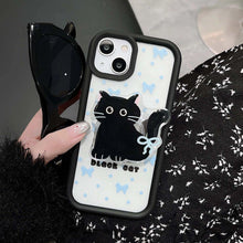 Load image into Gallery viewer, Ins black cat cute blue bow cartoon shell for iphone 11 12 13 promax 15 14 pro max cool cartoon phone case stand holder cover - Shop &amp; Buy
