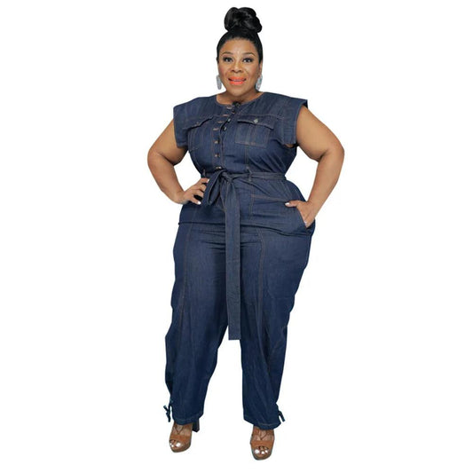 Jumpsuit Plus Size Women Clothing Denim Round Neck Lace Up Sleeveless Trousers Pocket Stretch Bodysuit - Shop & Buy