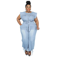 Load image into Gallery viewer, Jumpsuit Plus Size Women Clothing Denim Round Neck Lace Up Sleeveless Trousers Pocket Stretch Bodysuit - Shop &amp; Buy
