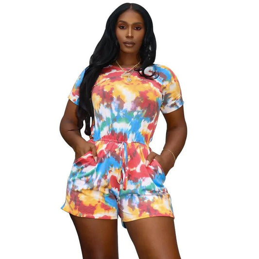 Jumpsuit Plus Size Women Clothing Tie Dye Round Neck Pockets Casual Playsuits New One Piece Outfit - Shop & Buy