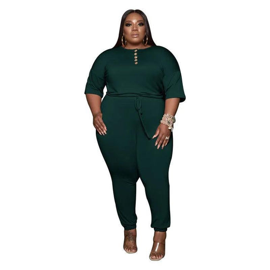 Jumpsuit Women Plus Size Clothing Summer Wholesale Bodysuit Solid Elastic Waist Lace Up One Piece Outfit - Shop & Buy