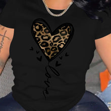 Load image into Gallery viewer, Leopard Heart &amp; Letter Print Comfy T-Shirt, Round Neck Short Sleeve Sports Tee, Women&#39;s Activewear - Shop &amp; Buy
