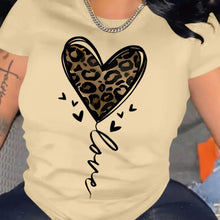 Load image into Gallery viewer, Leopard Heart &amp; Letter Print Comfy T-Shirt, Round Neck Short Sleeve Sports Tee, Women&#39;s Activewear - Shop &amp; Buy

